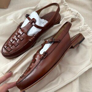 Hereu Roqueta Woven Leather Slingback T-bar loafer Flat Tan 38